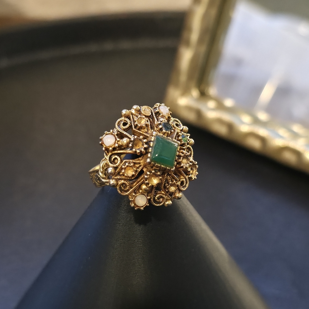 Vintage Florenza Style Czech Filigree Cocktail Ring - Emerald Green Art Glass